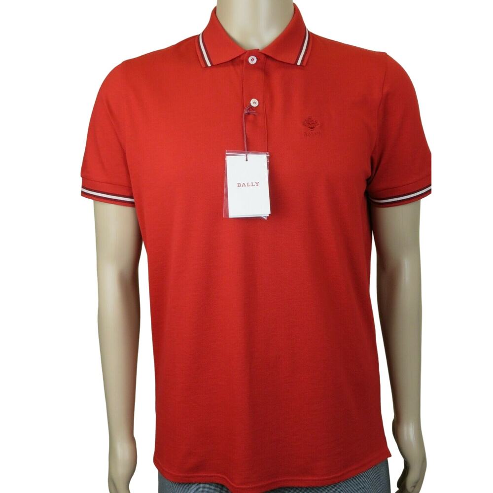 NEW MEN'S BALLY RED COTTON PIQUET WEB COLLAR BUTTON LOGO POLO SHIRT 50 40